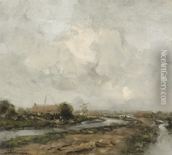 Road Along Water With A Mill In The Background Oil Painting - Willem George Frederik Jansen