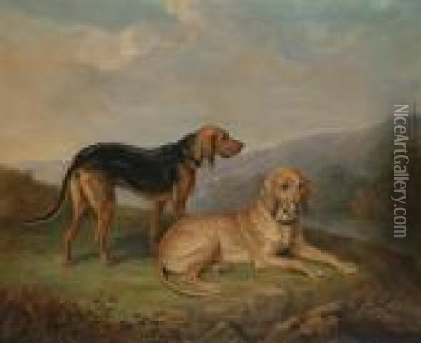 Bloodhounds In A Landscape. Oil Painting - William Webb