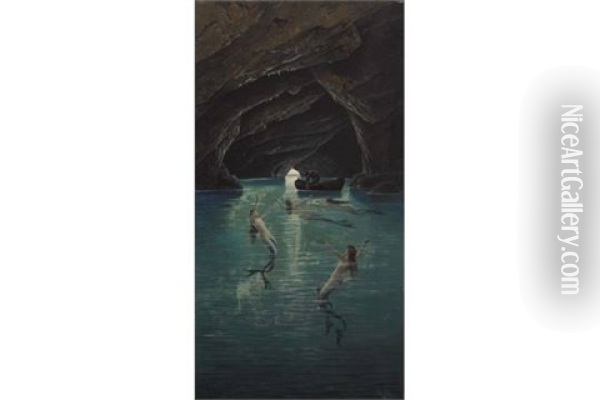 Ein Fischer Und Meerjungfrauen In Der Blauen Grotte Auf Capri Oil Painting - Hermann David Salomon Corrodi