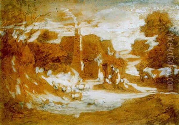 A Landscape With Figures, Sheep And Cattle Outside A Cottage Oil Painting - Thomas Gainsborough