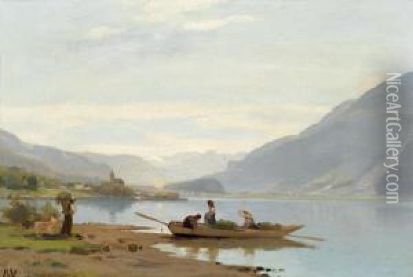 Uferpartie Am Brienzersee Mit Figurenstaffage. Oil Painting - Auguste Louis Veillon