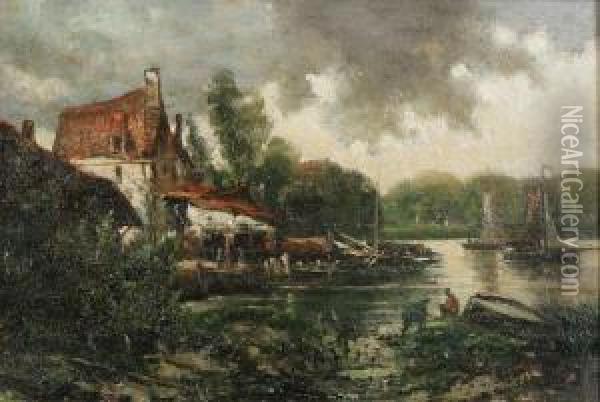 Water Landscape With Yachts And Fishermen At The Quay Oil Painting - Louis Schepens