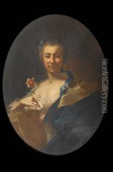 Portrait Of A Lady, Half-length,
 In A White Dress With A Blue And Gold Wrap And Blue Ribbons In Her 
Hair, Holding A Flower Oil Painting - Giuseppe Bonito