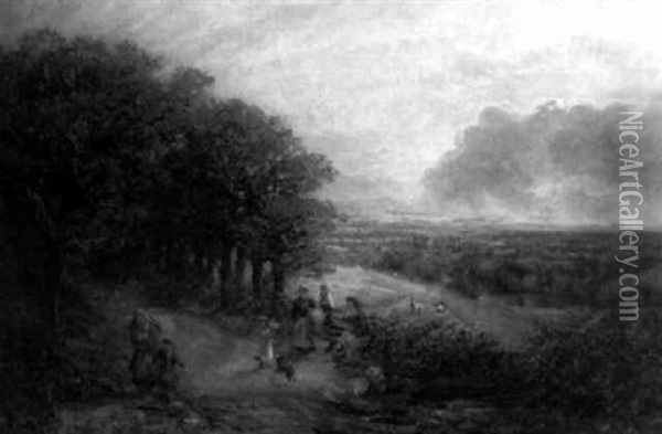 Expansive Landscape With Figures Gathered Outside Woods Oil Painting - George William Mote