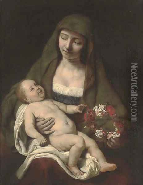 The Virgin and Child with a floral wreath Oil Painting - Samuel Van Hoogstraten