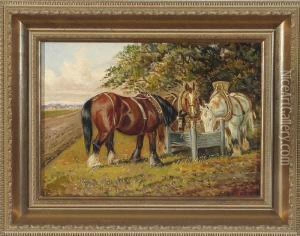 Drei Pferde An Der Futterkrippe Oil Painting - Joseph Henderson