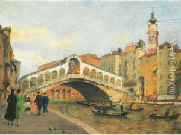 Promenaders On The Rialto Bridge, Venice Oil Painting - Stefano Novo