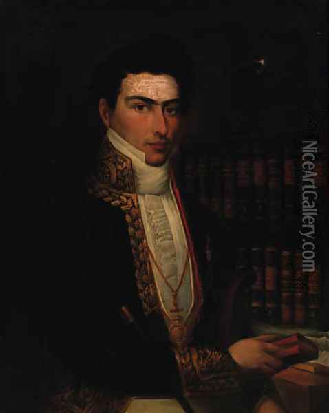 Portrait of a gentleman, seated half-length, in a tunic, holding a book in his left hand, a bookcase beyond Oil Painting - Spanish School