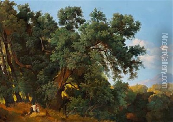 A Man And His Dog On The Fringes Of The Forest On A Summer's Day Oil Painting - Gustaf Wilhelm Palm