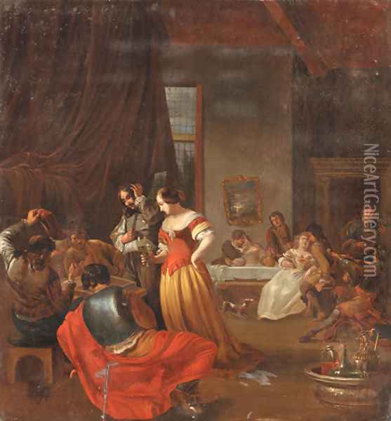 An interior with elegant figures playing backgammon and making merry Oil Painting - Jacob Ochtervelt