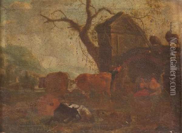 Paar Gehoftszenen Mit Vieh Oil Painting - Johann Heinrich Roos