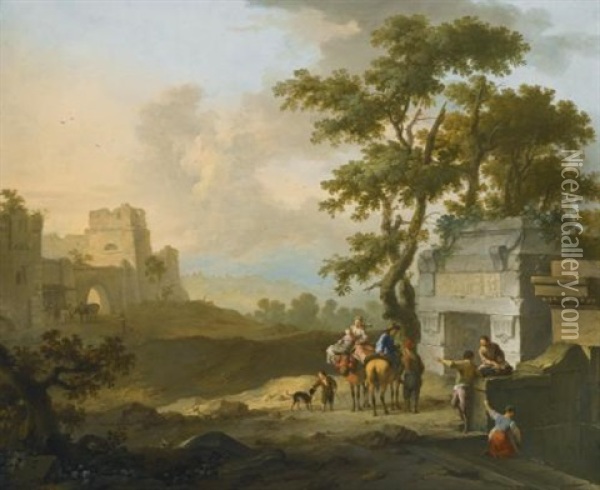 An Italianate Landscape With Figures By Classical Ruins Oil Painting - Franz de Paula Ferg