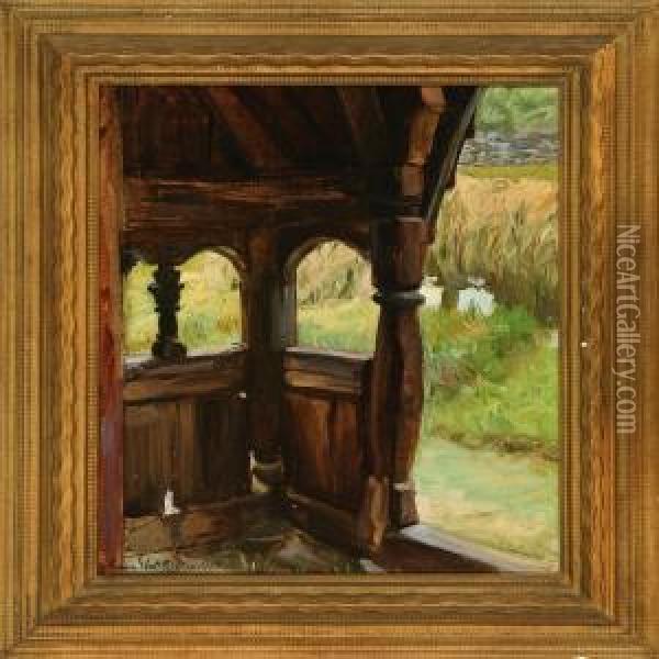 Gallery At Borgund Stave Church In Norway Oil Painting - Agnes Slott-Mrller