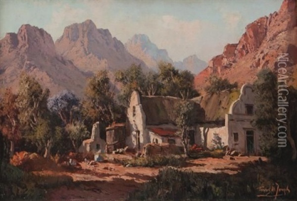 Cape Dutch Home In A Mountainous Setting Oil Painting - Tinus de Jongh