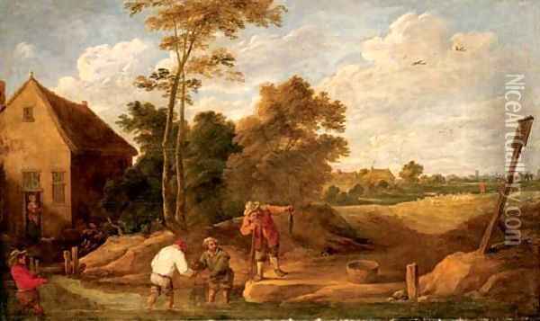 Figures fishing in a stream by a cottage Oil Painting - David The Younger Teniers