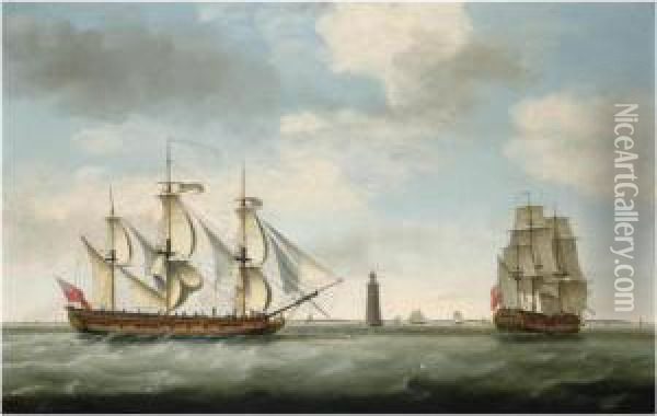 Captain John Carr And His Ship Vere , In Two Positions Off The Eddystone Lighthouse Oil Painting - Francis Holman