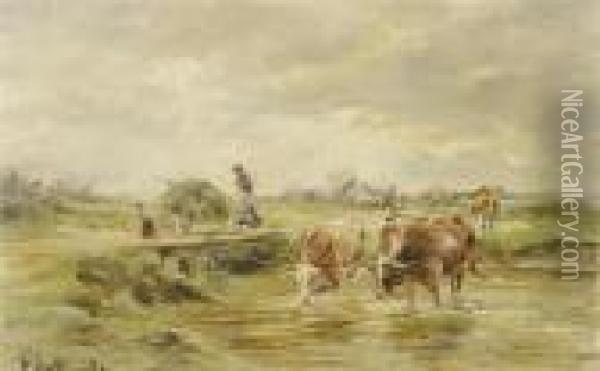 Landscape With Cows Oil Painting - Karl Stuhlmuller
