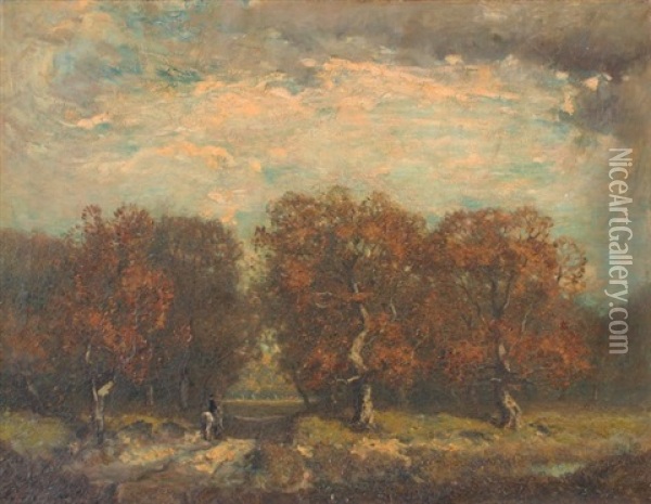 Approaching Storm In An Autumnal Landscape With Rider On A Trail Oil Painting - Henry Ward Ranger
