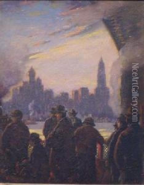 Fulton Street Ferry, Evening Oil Painting - Herbert Bolivar Tschudy