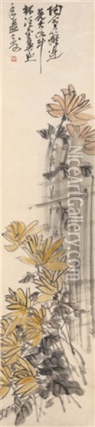 Chinese Scroll Painting On Paper By Wu Ch'ang. Depicting Flowers On A Fence Oil Painting -  Wu Chang
