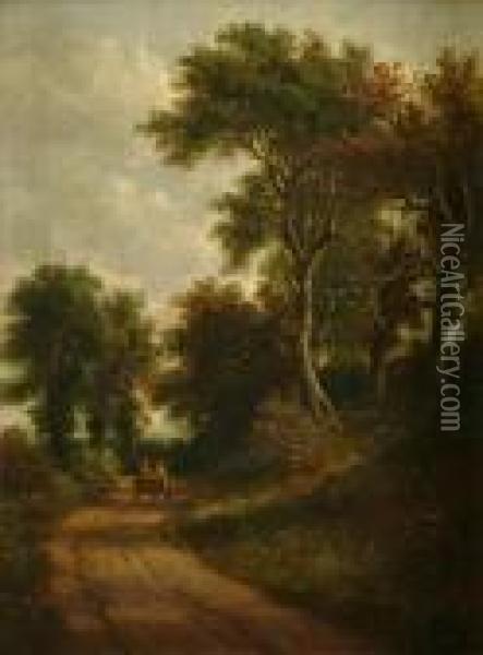 Womenreturning Home Horse And Cart On A Lane A Pair Oil Painting - John Moore Of Ipswich