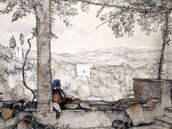 Sierra Nevada and part of the Alhambra from the Adarves Oil Painting - John Frederick Lewis