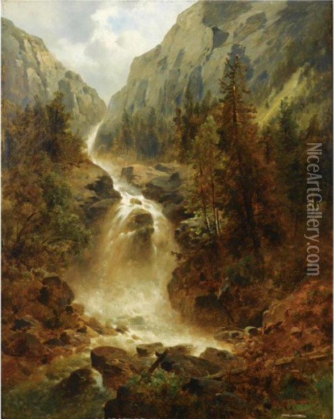 A Waterfall In An Alpine Landscape Oil Painting - Josef Thoma