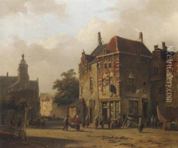 Numerous Figures In A Sunlit Town Square Oil Painting - Adrianus Eversen