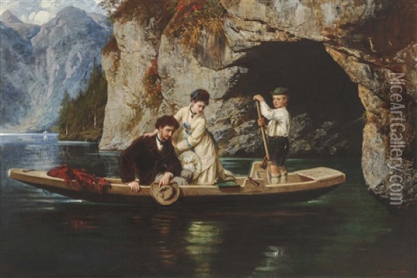 Young Couple With A Fishing Boy In A Barge On A Mountain Lake (konigssee?) Oil Painting - Ludwig Thiersch