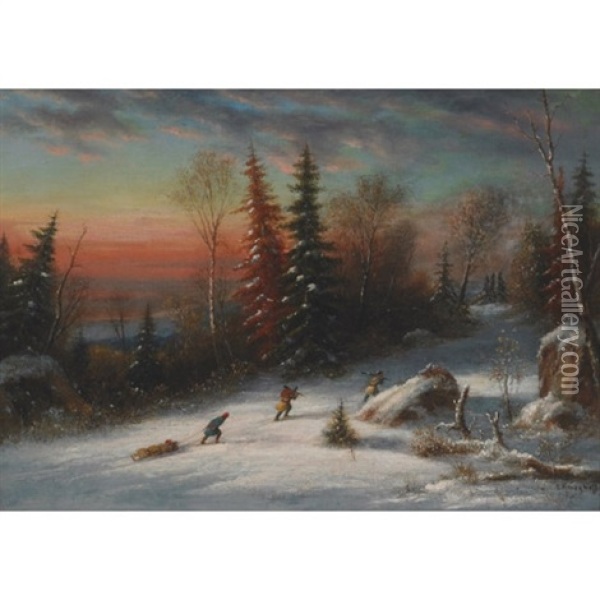 Indian Hunters In A Winter Landscape Oil Painting - Cornelius David Krieghoff