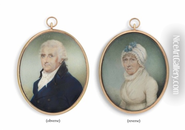 A Double-sided Portrait Miniature Of A Gentleman, In Blue Coat; On The Other Side A Lady, In White Dress, White Mob Cap Decorated With Blue Ribbons Oil Painting - Sampson Towgood Roch