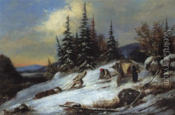 Indian Family Camping In Winter Oil Painting - Cornelius David Krieghoff