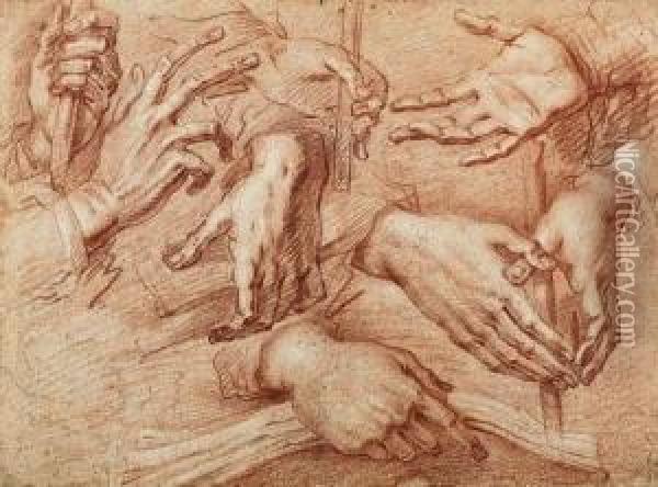 Eight Studies Of Hands, One 
Holding A Stick, Another A Cross Orbook (recto); Study Of Saint Francis 
Adoring The Cross(verso) Oil Painting - Giovanni Battista Crespi Il Cerano