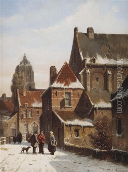 Figures Conversing On A Snowy Village Road Oil Painting - Adrianus Eversen