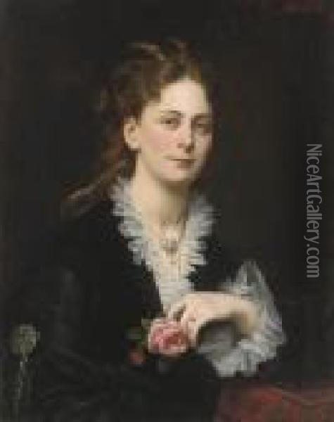 Portrait Of Antonie Freifrau Von Doblhoff, Bust-length, Holding Arose Oil Painting - Carl Von Blaas