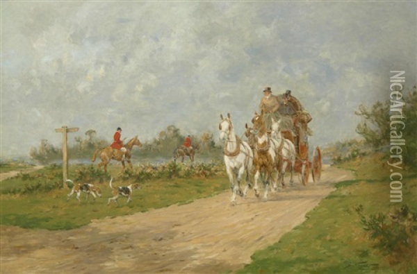 A Coach And Four Passing The Hunt Oil Painting - George Wright