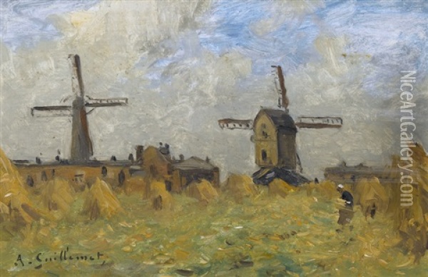 Sommerliches Feld Mit Windmuhlen Oil Painting - Jean Baptiste Antoine Guillemet