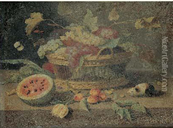 Nature Morte Au Panier De Raisins, Abricots Et Pasteques Sur Un Entablement Oil Painting - Jan Iii Van Kessel