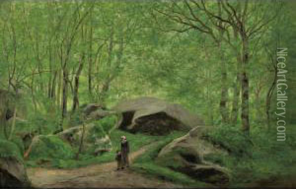 Enfants Dans La Foret [ ; 
Through The Woods ; Oil On Canvas Signed And Located Chintreuil Cernay 
(?) Lower Left] Oil Painting - Antoine Chintreuil