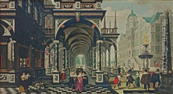 A Palace Arcade With Numerous Elegant Figures Conversing And Playing Games Oil Painting - Dirck Van Delen