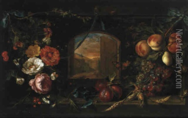 Blick Auf Landschaft Durch Ein Mit Blumengirlanden Geschm_cktes Fenster Oil Painting - Abraham Mignon