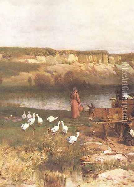 Bay of Lake Balaton with the Shores of Akarattya detail 1885 Oil Painting - Geza Meszoly