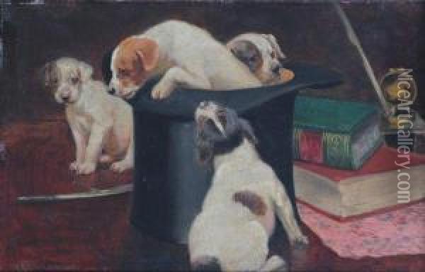 Puppies And Top Hat Oil Painting - George Derville Rowlandson