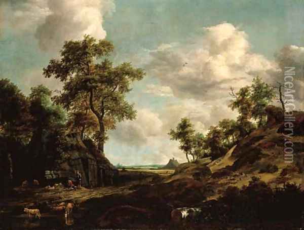 An extensive wooded landscape with a shepherd and his flock by an old barn Oil Painting - (follower of) Ruisdael, Jacob I. van