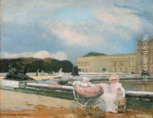 Jeune Femme Et Son Bebe Dans Le Parc Du Chateau De Versailles Oil Painting - Lucien Victor Guirand De Scevola