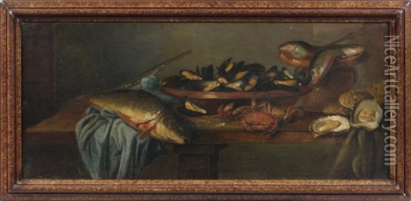 Carpe, Poissons, Moules, Huitres Et Crabe Sur Un Entablement Oil Painting - Pieter Van Boucle