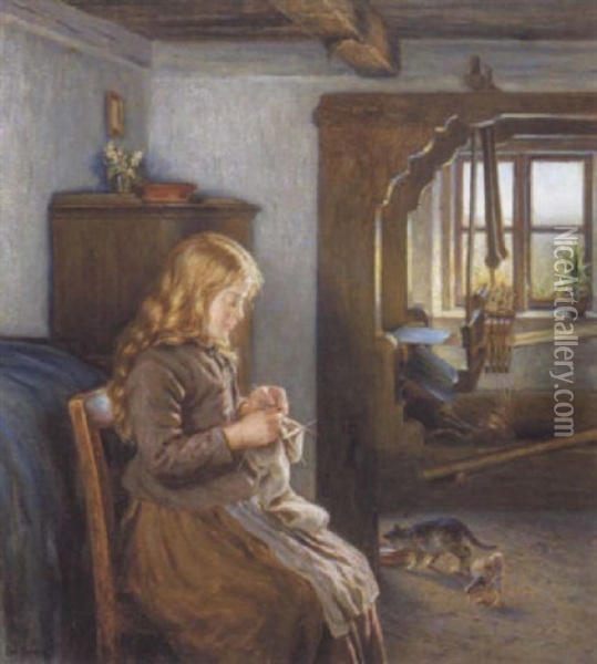 Strikkende Pige I En Bondestue Oil Painting - Emil Carl Lund