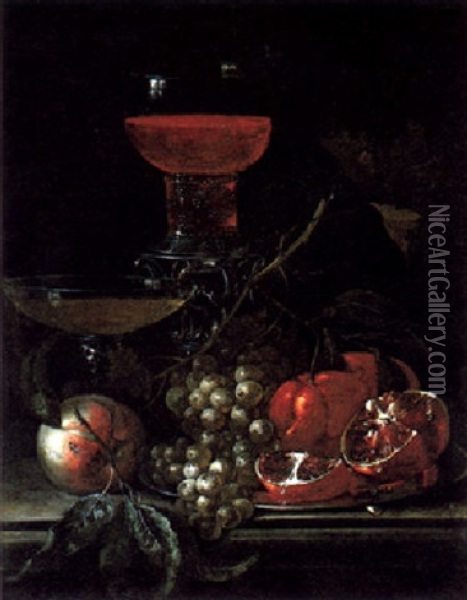 Stilleben Mit Weintrauben, Einem Granatapfel Und Zwei Gefullten Weinglasern Oil Painting - Johann Baptist Halszel