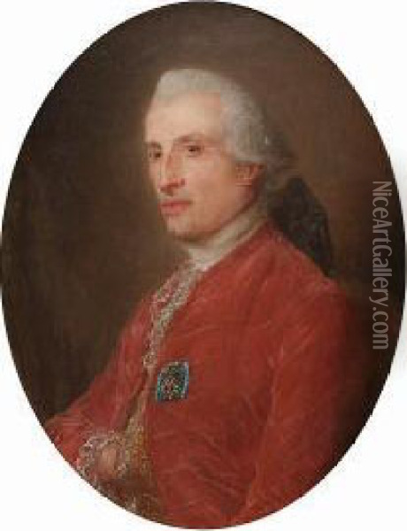 Portrait Of A Gentleman, Said To
 Be Charles Le Normant Du Coudray, Seated Half-length, In A Red Coat And
 Gold Brocade Waistcoat Oil Painting - Jean-Baptiste Perronneau
