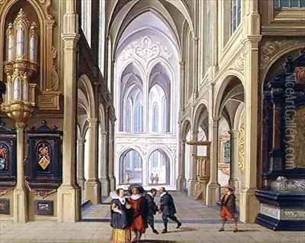Elegant Figures in a Gothic Church Oil Painting - Dirck van Deelen